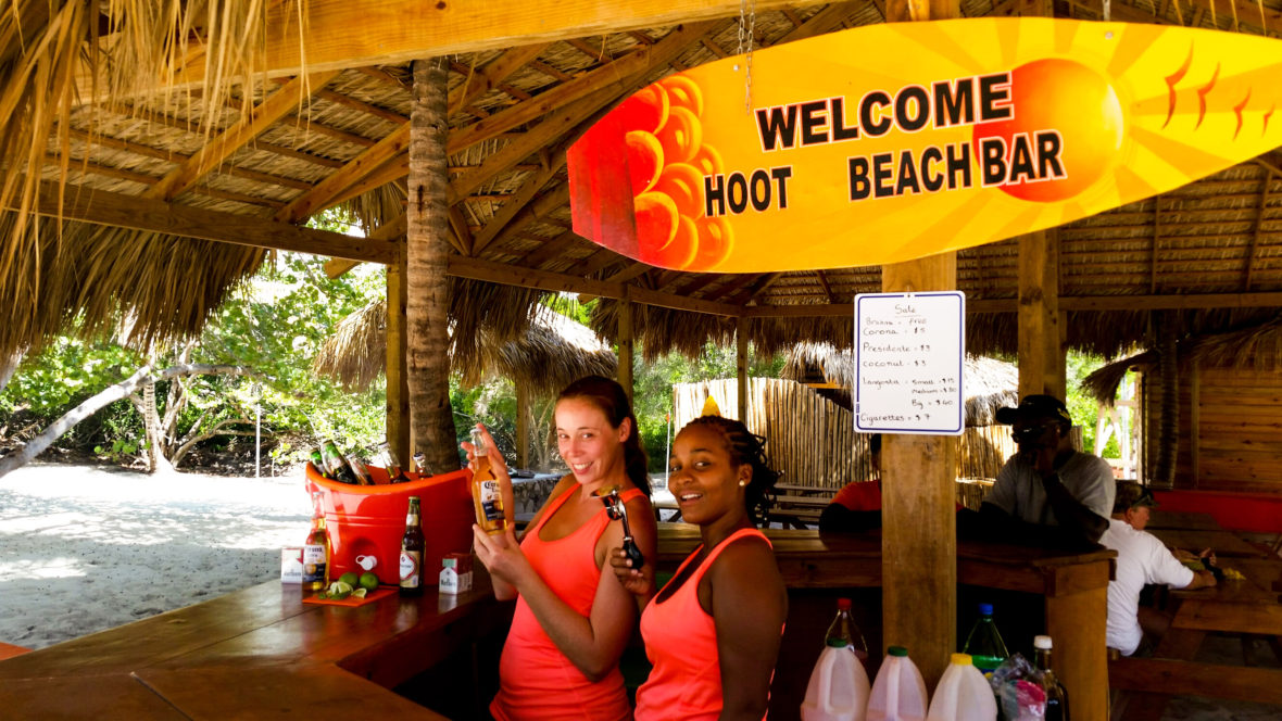 Bar staff serving imported beers on Catalina Island